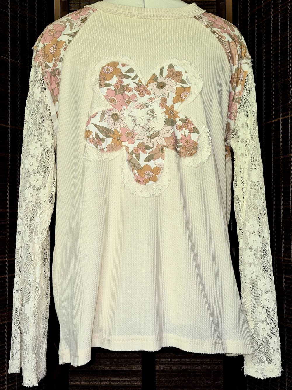 POL Cream Long Sleeve Lace Top with Pink & Tan Floral Appliqué